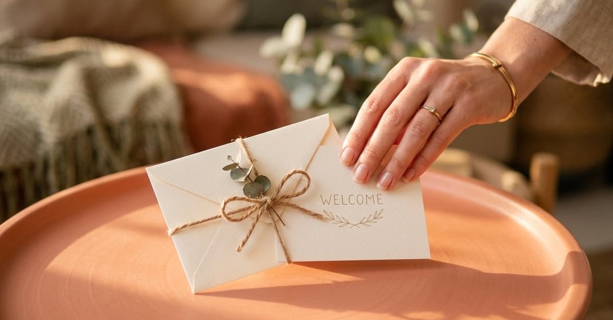 A warmly-lit welcome gesture at a hospitality venue — a hand offering a wrapped welcome card on a coral-toned surface