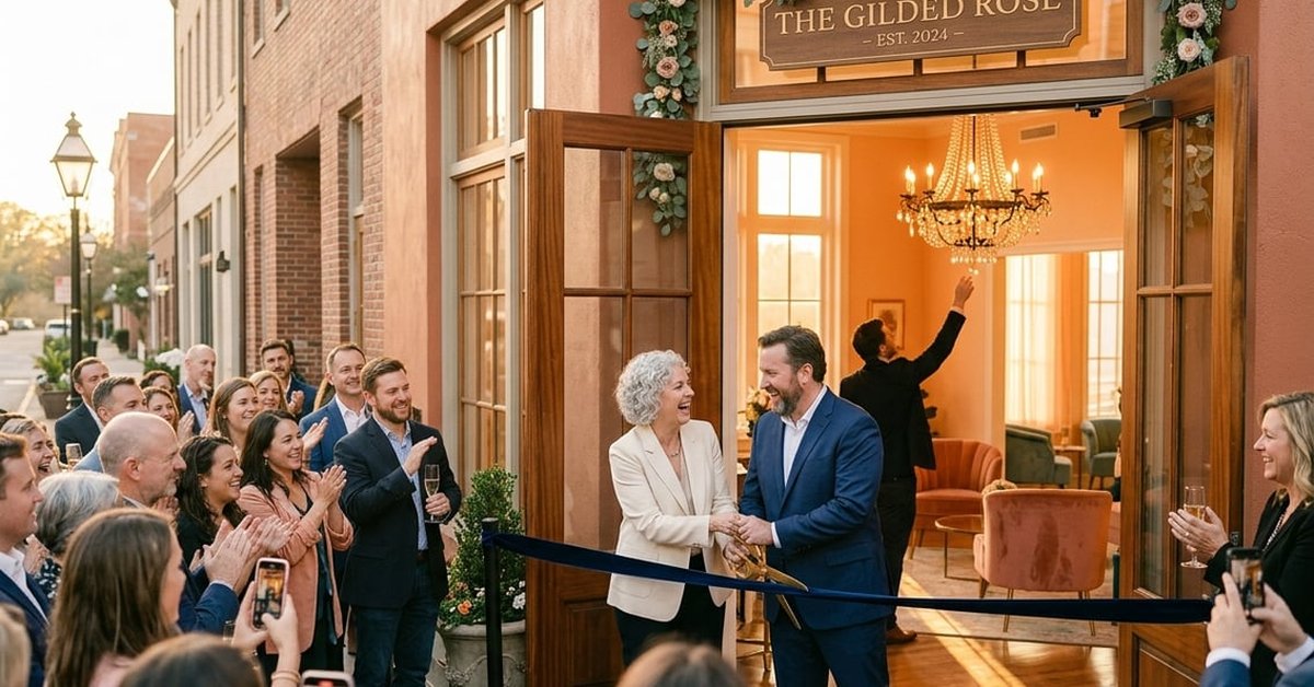 A ribbon being cut at the opening of a warmly lit venue, in golden hour lighting with coral and peach tones