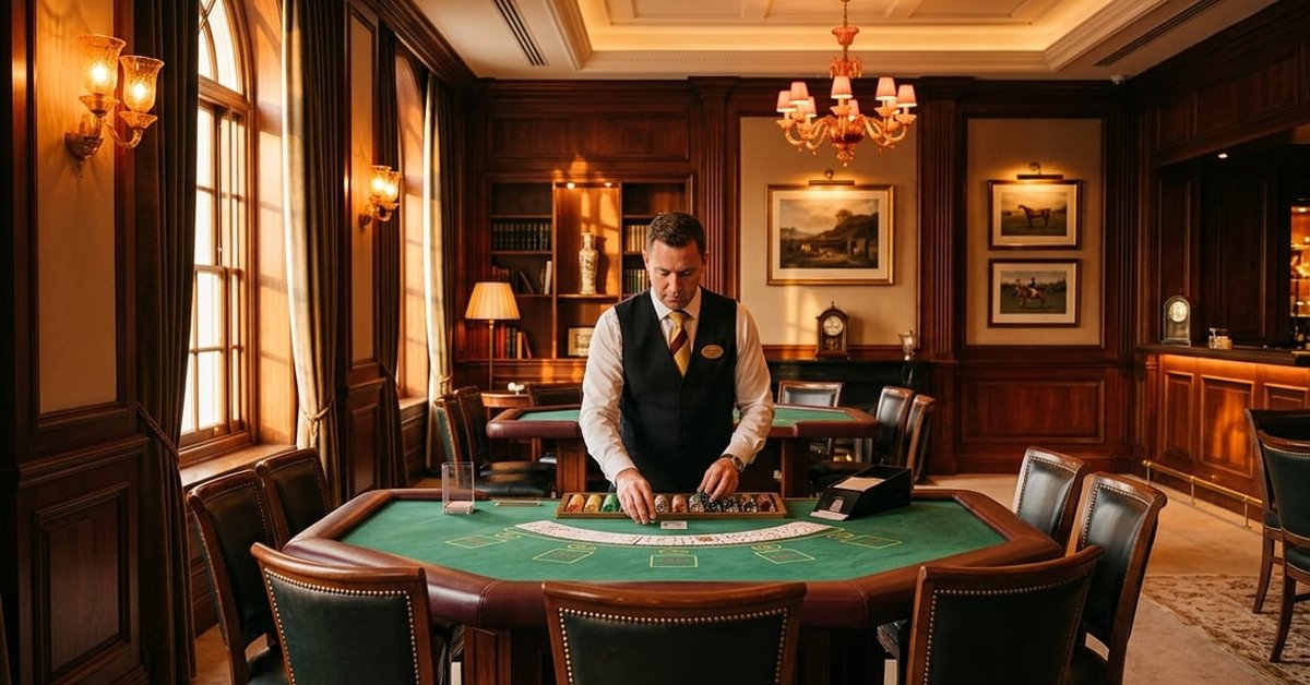 Warm interior of a well-appointed table games room in the golden hour, with a dealer setting up and empty leather-backed chairs at a green-felt table