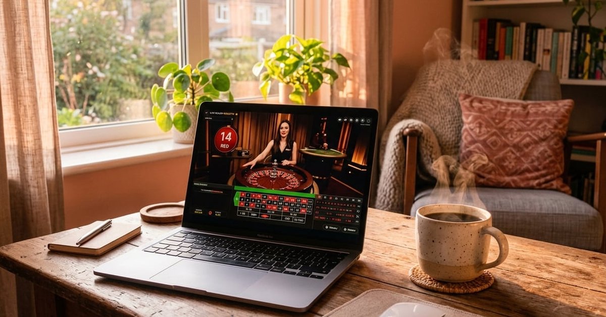 A cosy home setup showing a laptop with a live dealer roulette stream and a cup of coffee, with warm afternoon light through the window