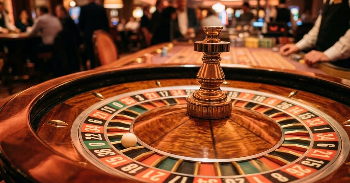 A warmly-lit close-up of a roulette wheel spinning with the ball settling, in coral and amber tones