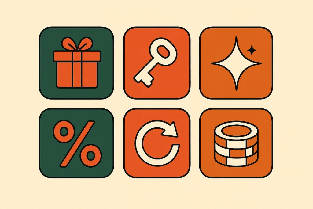 Six common casino bonus types. Grid of tiles showing welcome, no-deposit, free spins, reload, cashback and VIP emblems.