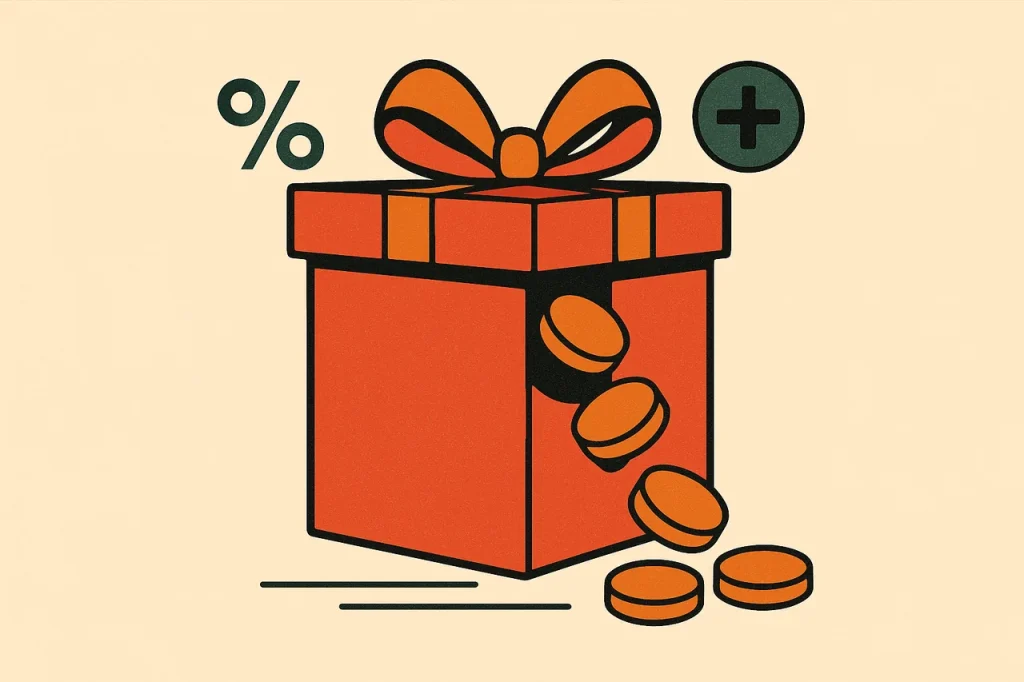Casino bonuses explained. Coral gift box with orange ribbon spilling coin discs. Percentage sign and plus badge in the corners.